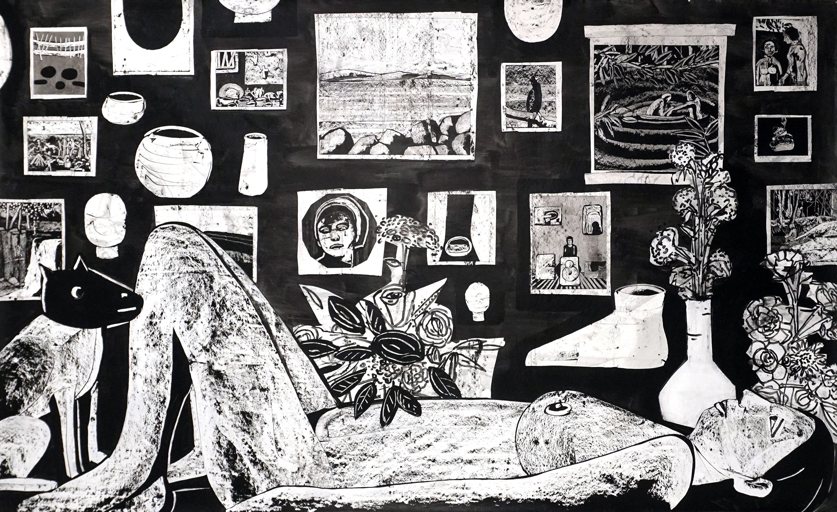 black and white drawing showing large figure laying on back surrounded by smaller works on wall