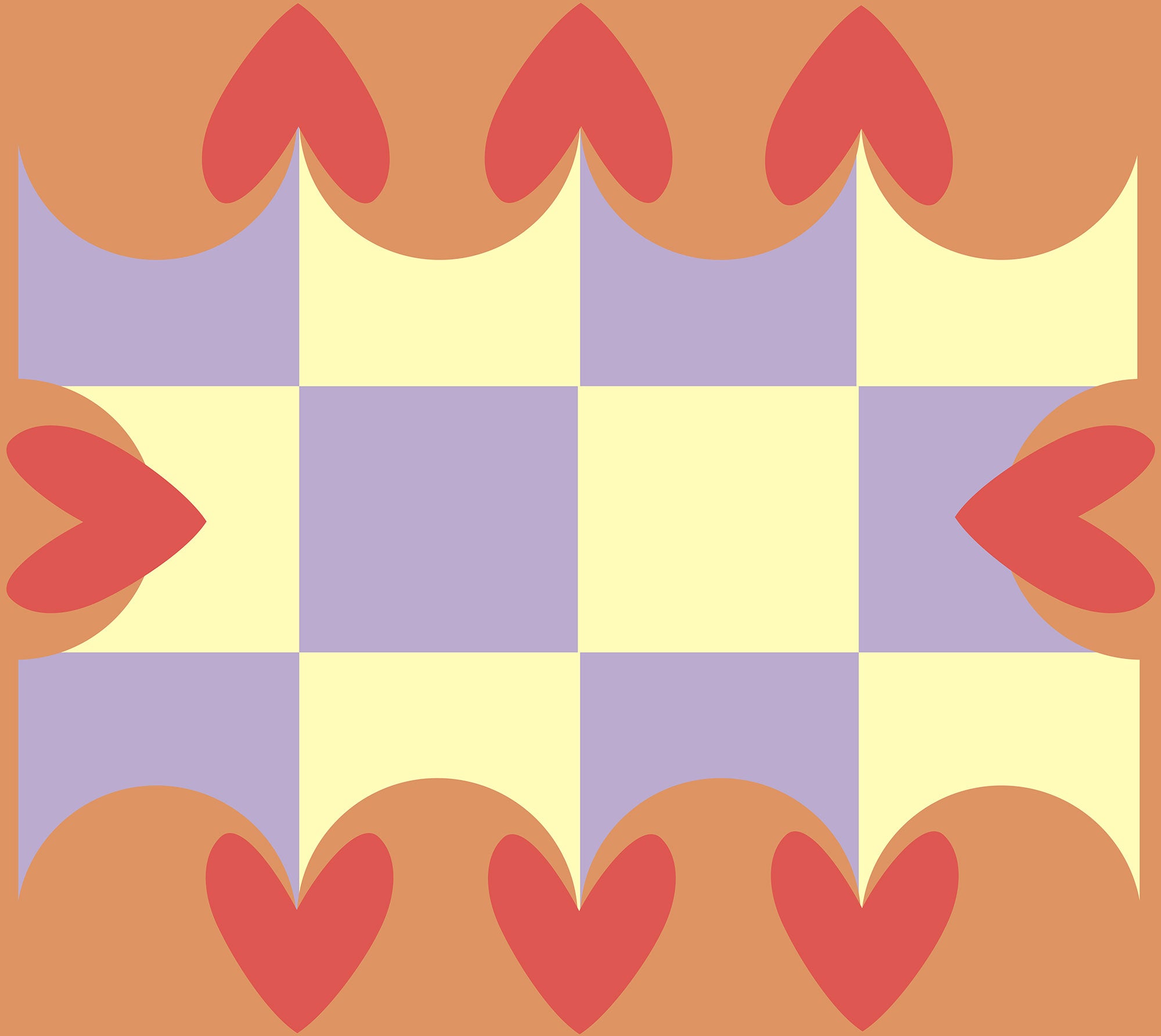 graphic with checkerboard pattern with scalloped border overlaid with abstract hearts