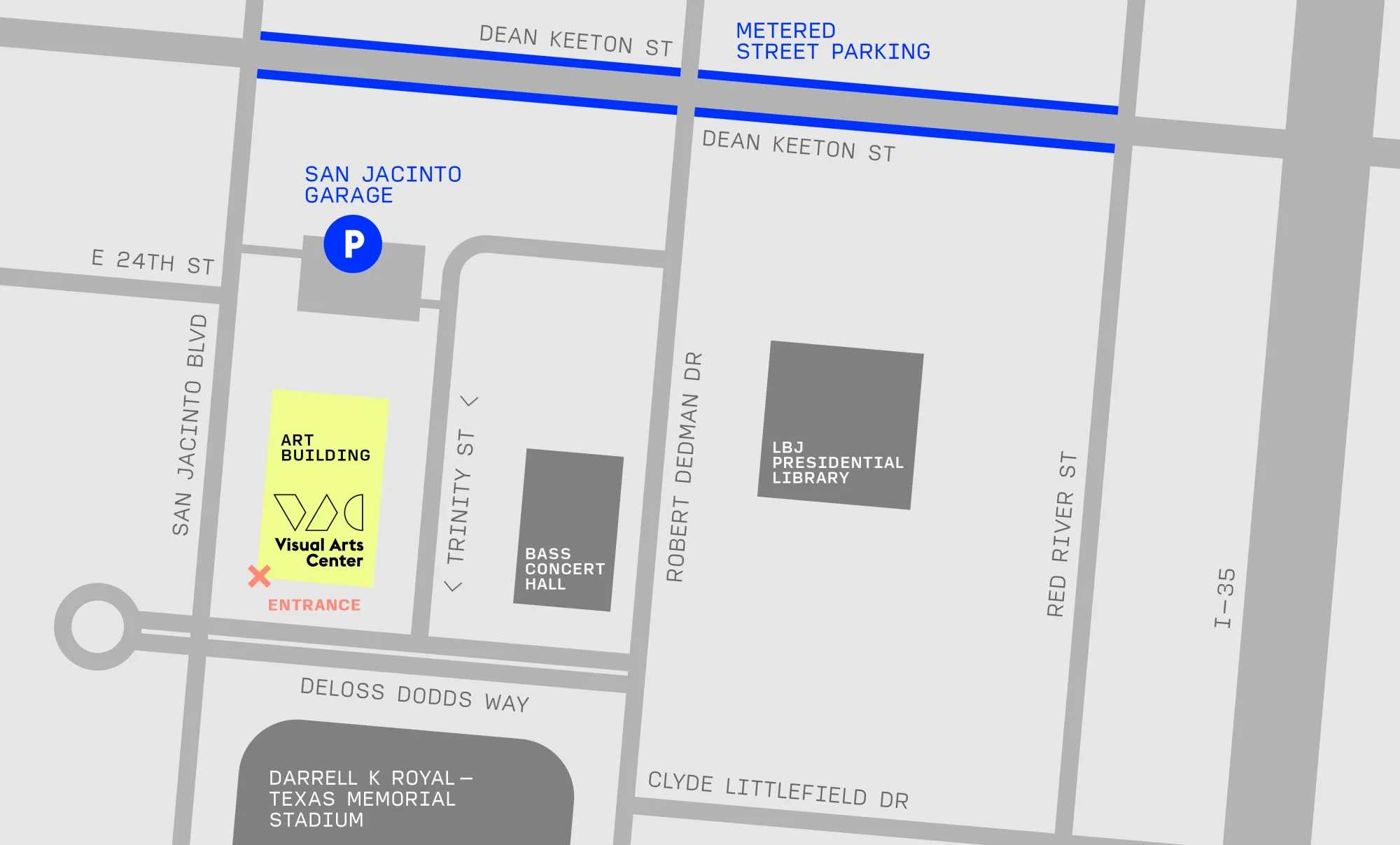 map showing location of Visual Arts Center and closest parking options