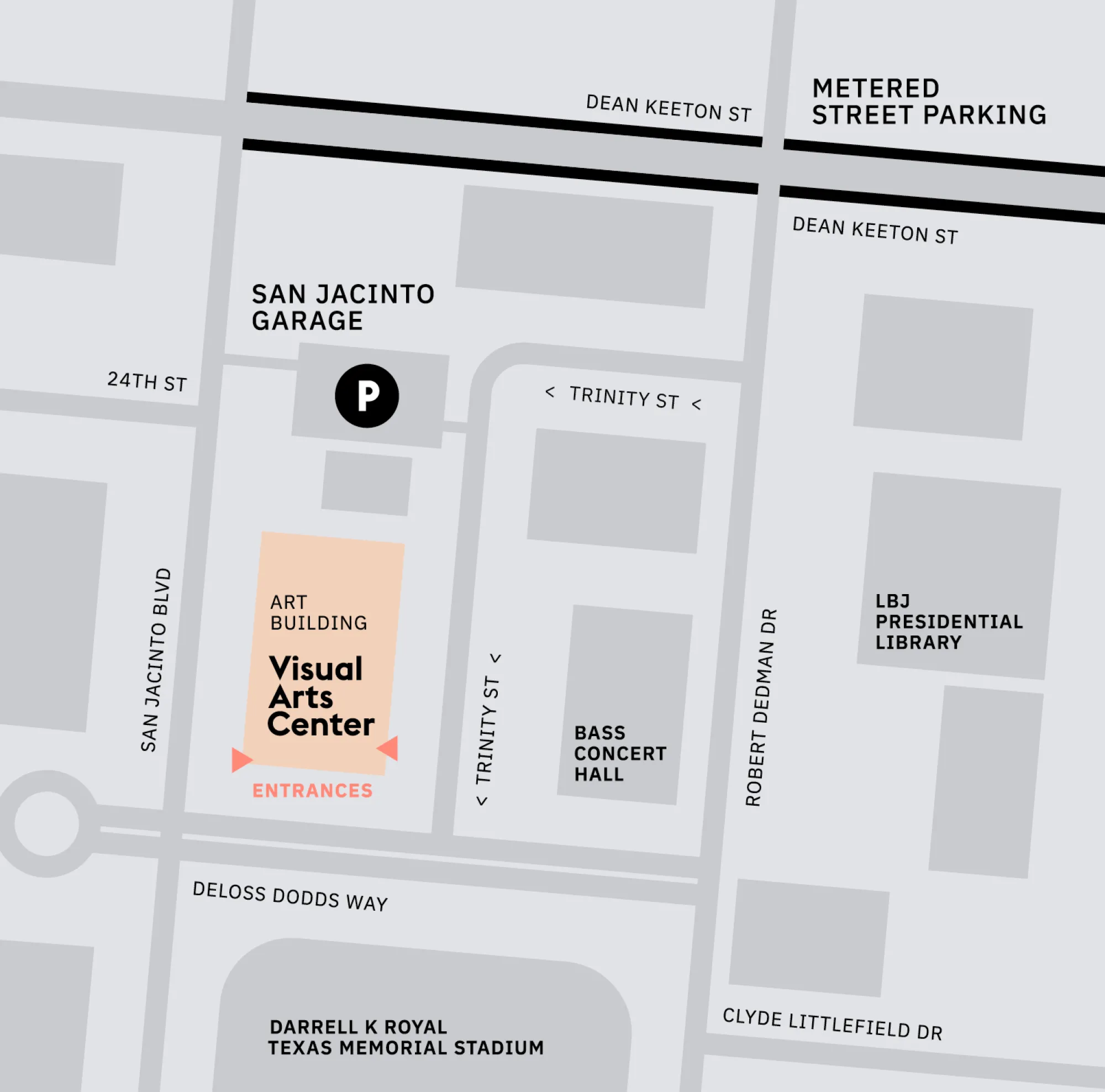 map showing locations of parking options for the Visual Arts Center