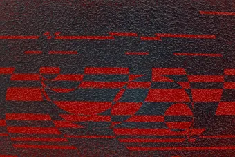 artwork that includes geometric pattern in black and red with a visibly textured surface