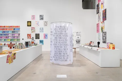 installation view of Hundred Points: Contemporary Graphic Design from Austin, São Paulo, Cairo, and Helsinki
