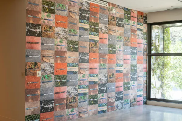 wall filled with images of machetes on the ground