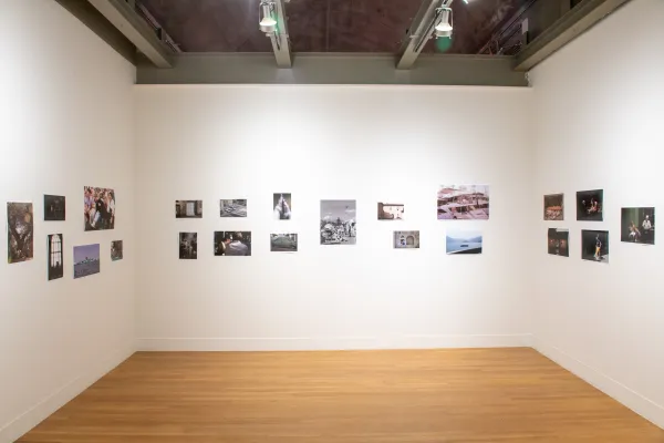 installation image of three gallery walls with small photographs hung in alternating lines