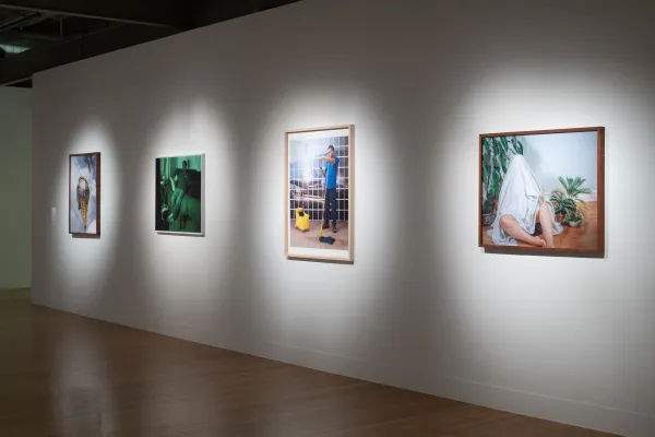 Installation view of El Otro Lado. Framed photographs and PhotoTex on walls.