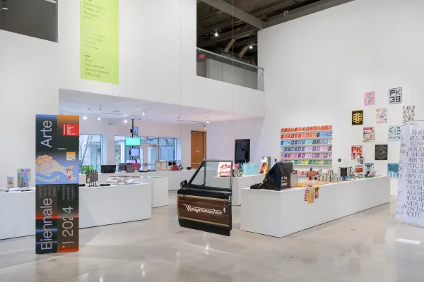 installation view of Hundred Points: Contemporary Graphic Design from Austin, São Paulo, Cairo, and Helsinki