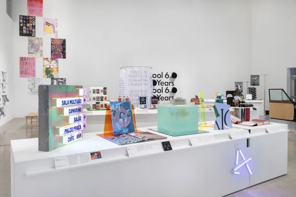 installation view of Hundred Points: Contemporary Graphic Design from Austin, São Paulo, Cairo, and Helsinki