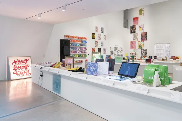 installation view of Hundred Points: Contemporary Graphic Design from Austin, São Paulo, Cairo, and Helsinki