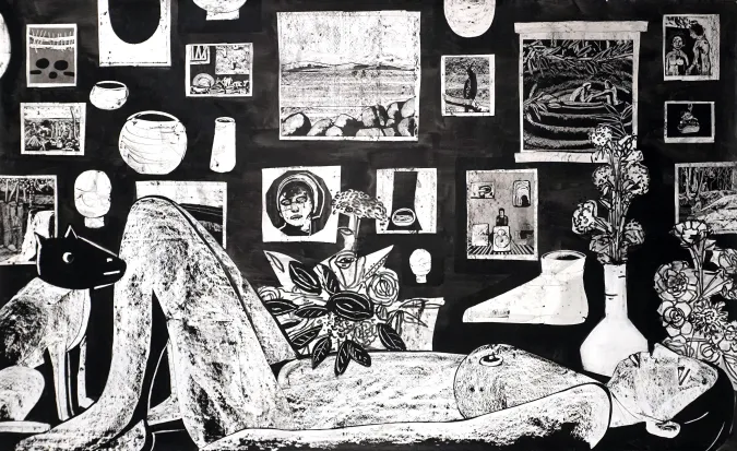black and white drawing showing large figure laying on back surrounded by smaller works on wall