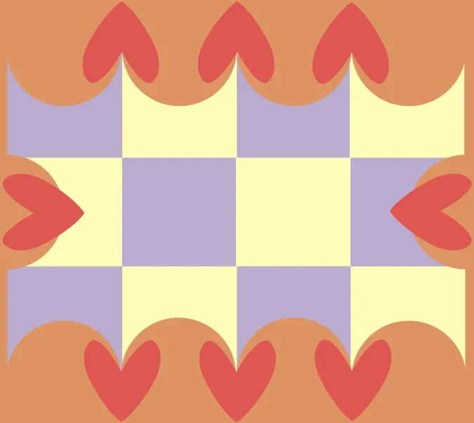 graphic with checkerboard pattern with scalloped border overlaid with abstract hearts