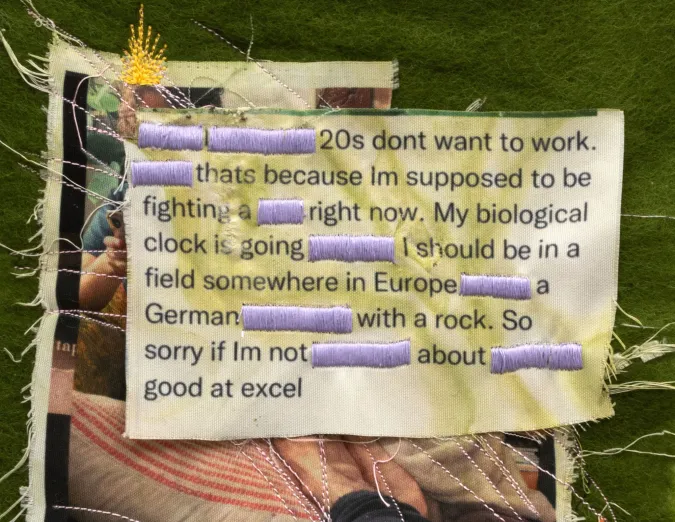 composite image showing cloth printed with text with certain words redacted with purple embroidery thread