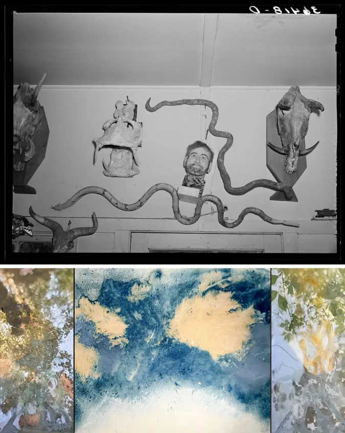 montage of photograph by Russell Lee of Homer Tate's studio and painting by Heather Bird Harris