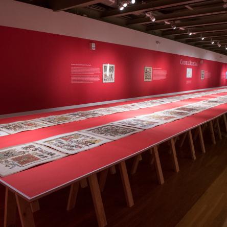 installation view of 'The Codex Borgia' exhibition, Visual Arts Center, UT Austin