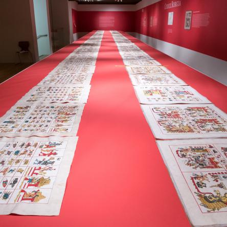 installation view of 'The Codex Borgia' exhibition, Visual Arts Center, UT Austin