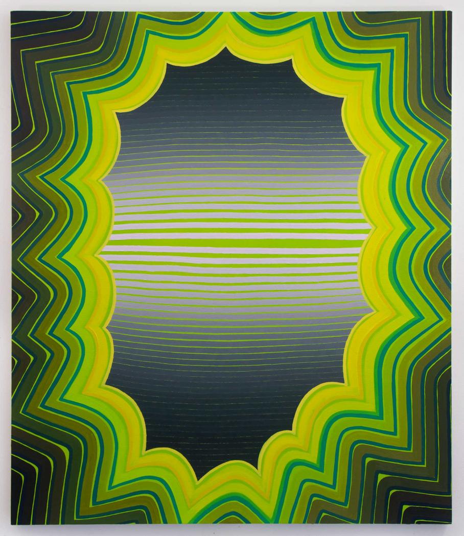 Beverly Acha, Visual Arts Center, abstract painting in green yellow and gray