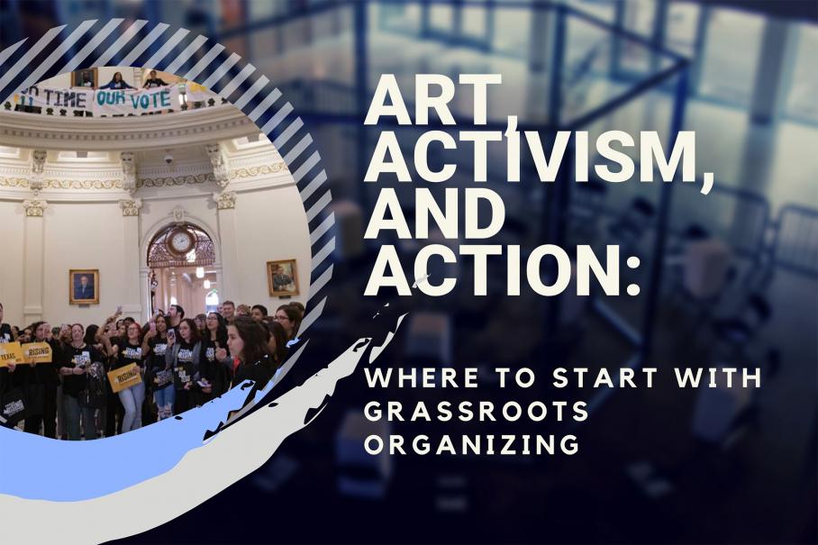 graphic for art and activism event, Visual Arts Center, UT Austin