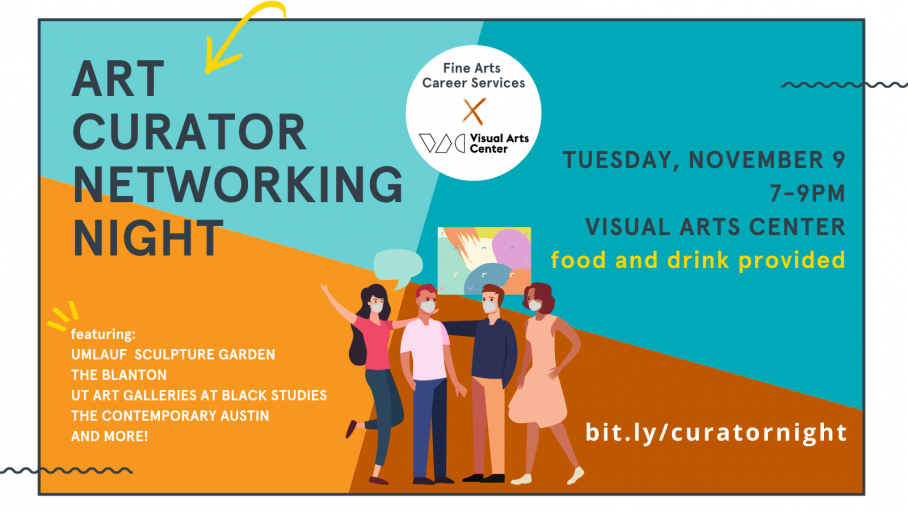 Illustrated event poster for Art Curator Networking Night detailing participating museums date time and cohosts