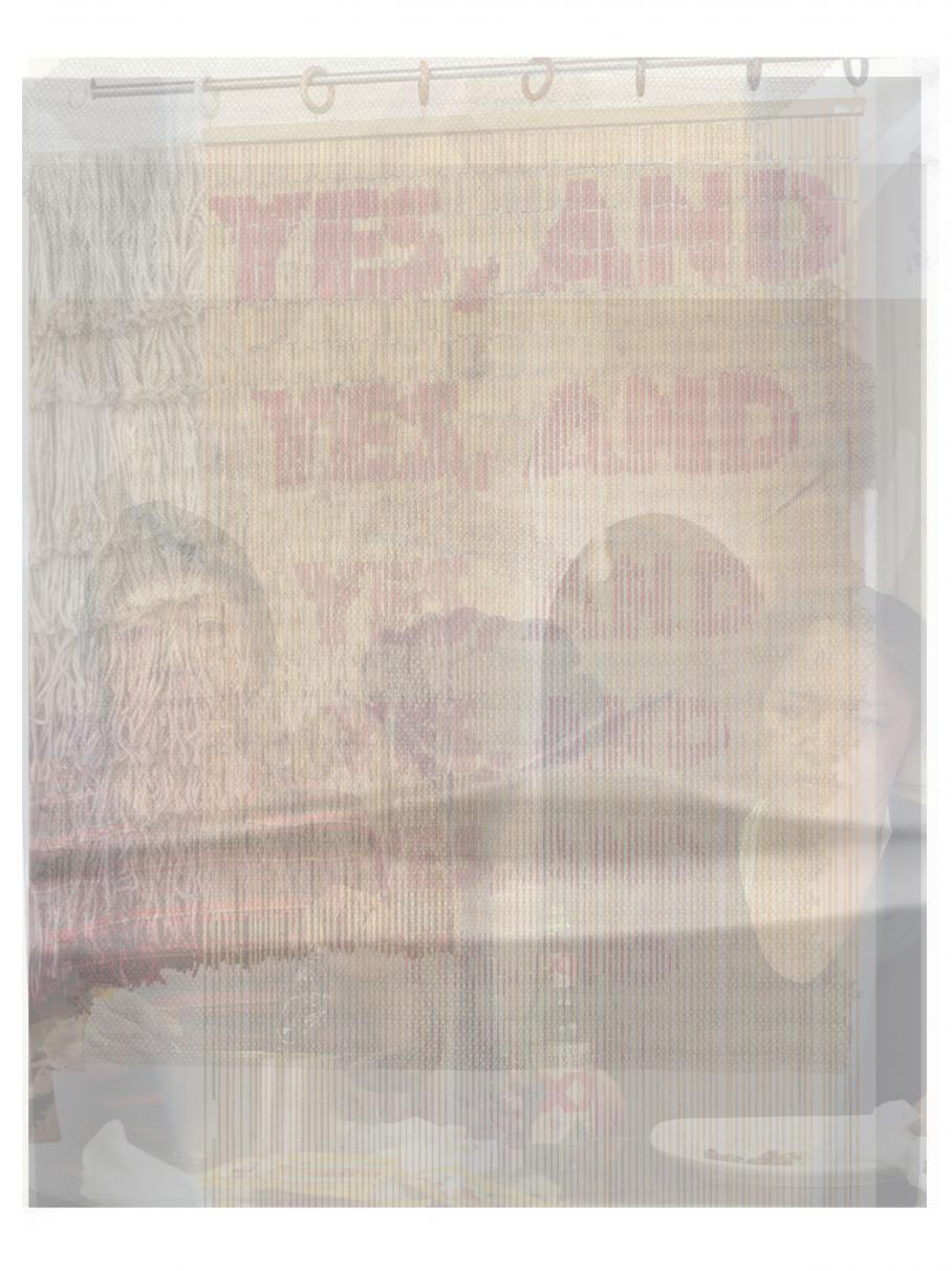 Digital collage of multiple superimposed objects and two figures with the words Yes, And in the top right corner 
