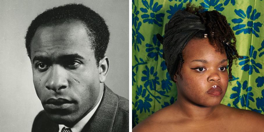 image of Frantz Fanon (left) and artwork by Madison Cooper (right)