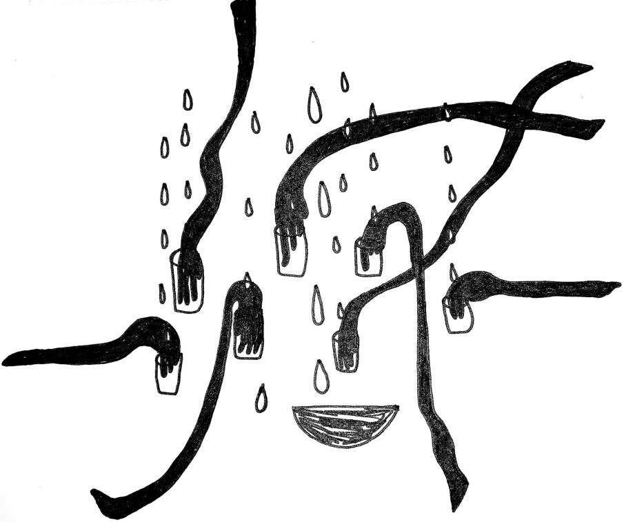 ink drawing of hands in glasses with water drops and a bowl
