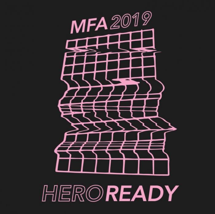 graphic for "Hero Ready" Studio MFA exhibition, Visual Arts Center, UT Austin