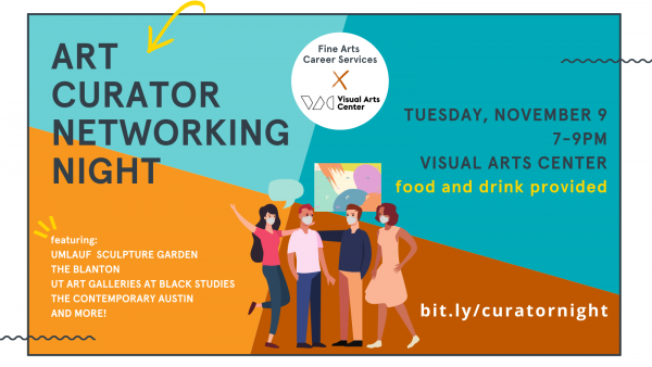 Illustrated event poster for Art Curator Networking Night detailing participating museums date time