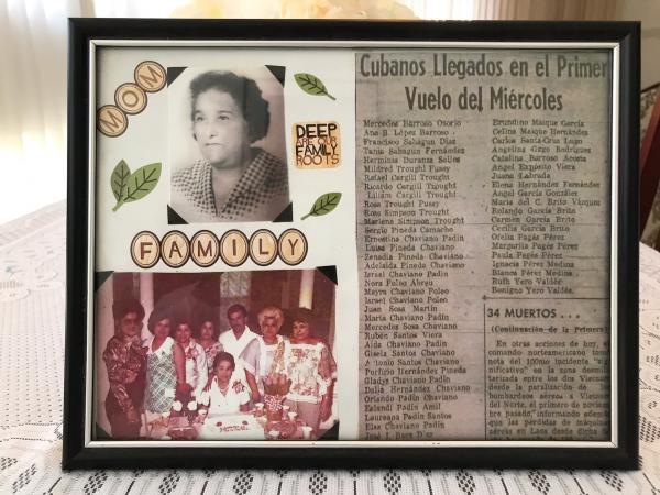 framed montage with family photos and newspaper article about Cuban immigrants