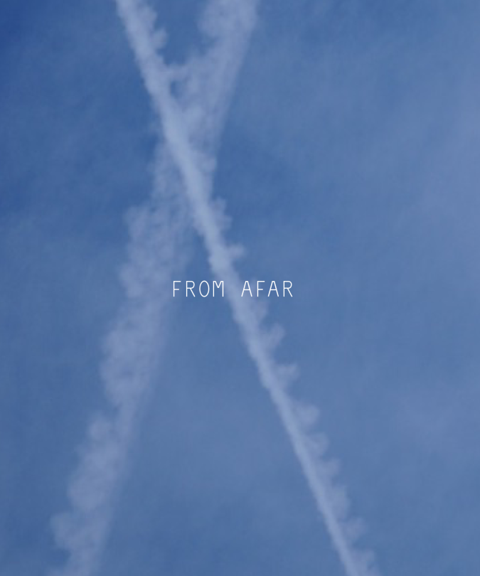 blue sky with contrails and the words From Afar overlaid