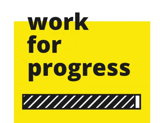 graphic for "Work for Progress" Design MFA exhibition at Visual Arts Center, UT Austin