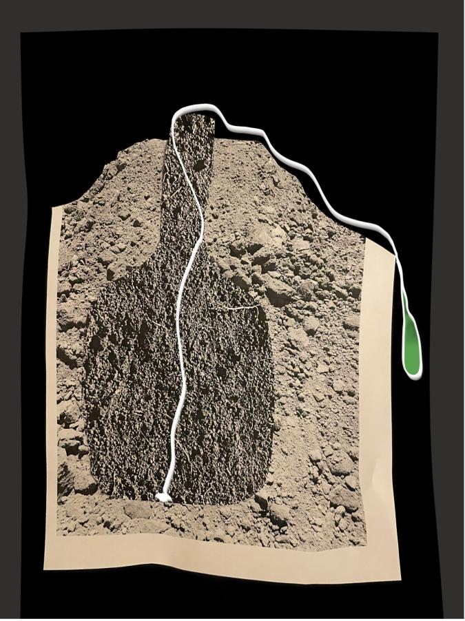 digitally manipulated image of dirt, white linear element and small green patch