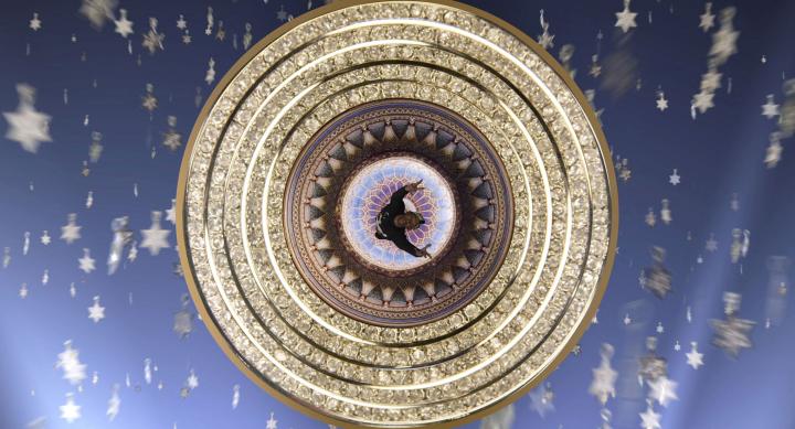 composite image: human figure seen from above in concentric gold circles against blue background